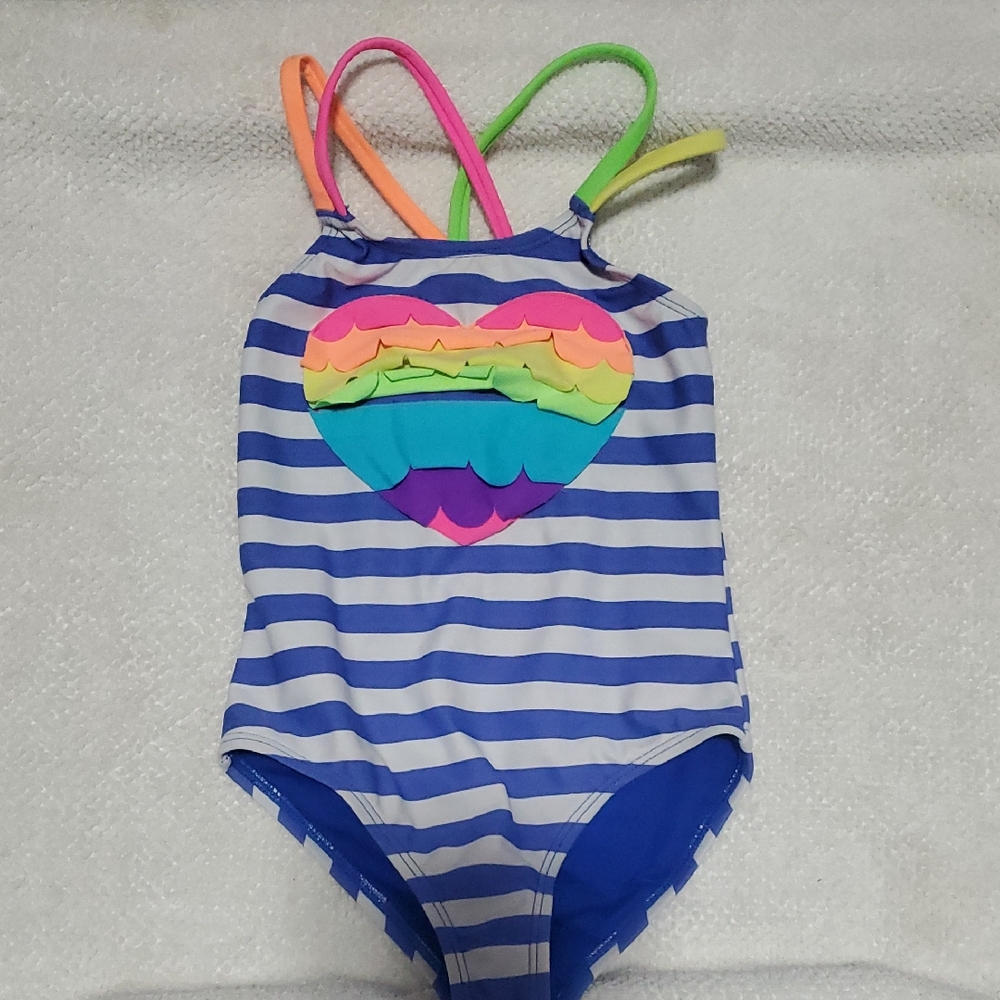 Girls' Striped Blue Swimwear with Rainbow Heart